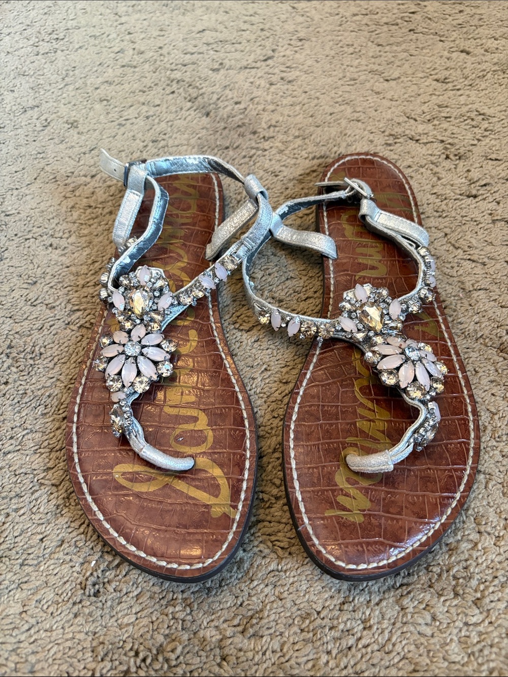 Sam Edelman Silver Sandals with Pink Crystal Floral Accents